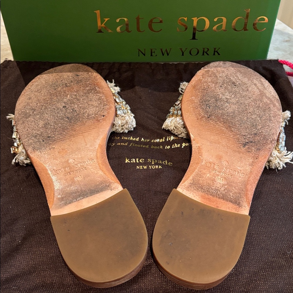 Kate Spade Solaina Natural Woven Embellished Jeweled Leather Slides Sandals 9M - Picture 8 of 11
